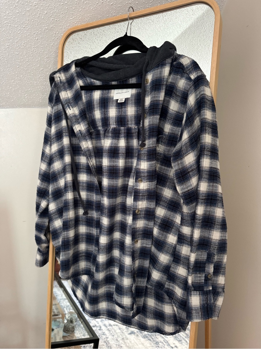 American Eagle Outfitters Navy and White Plaid Hooded Button-Down Shirt